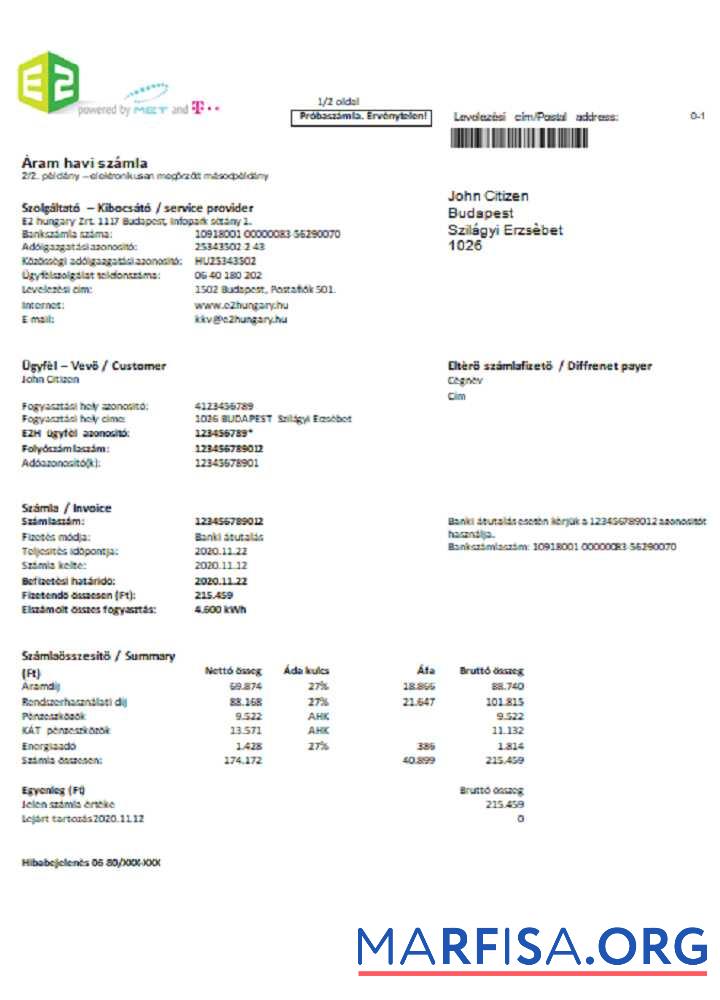 Realistic Hungary E2 utility bill Word and PDF format download for verification